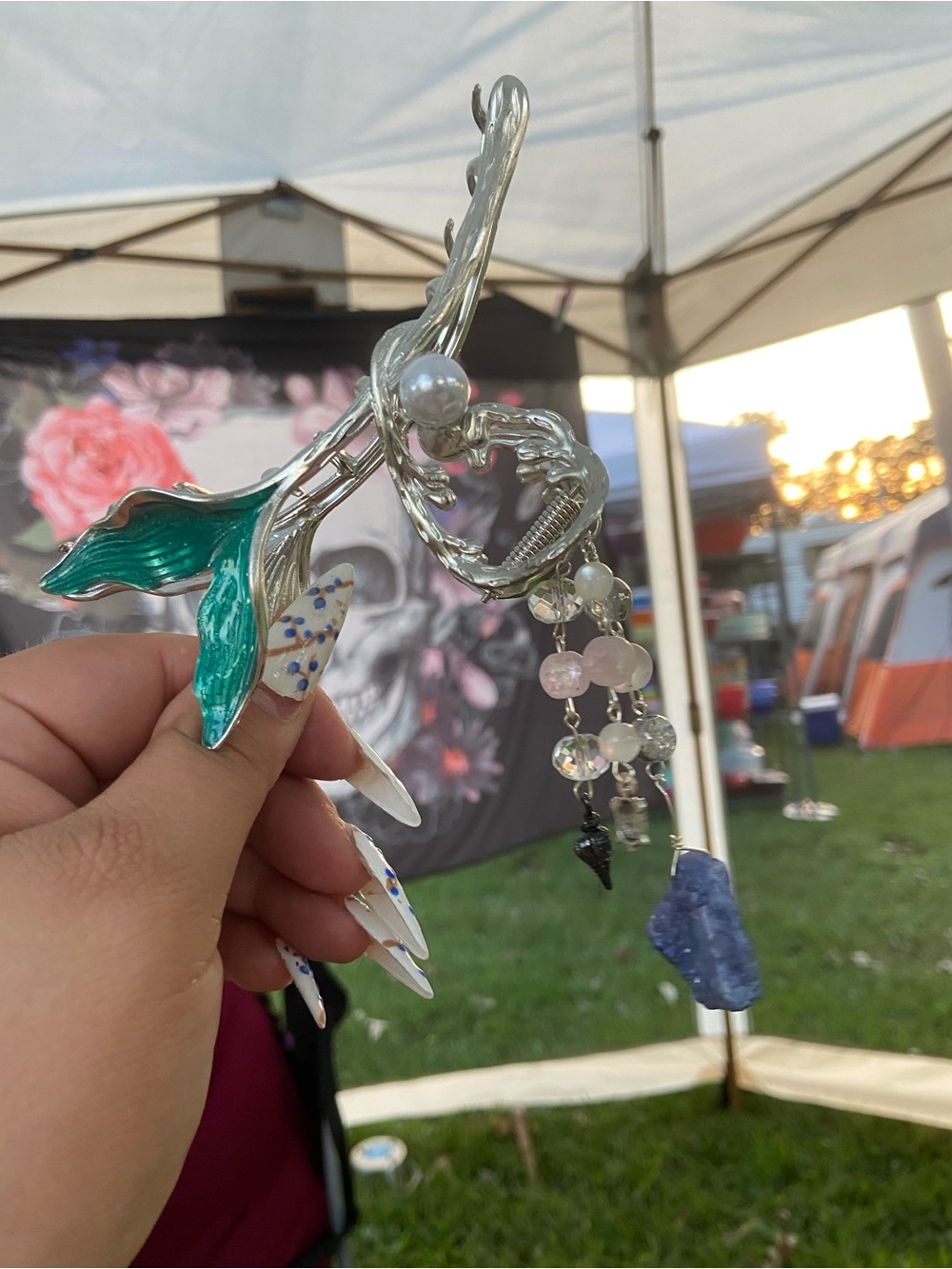 Hand Crafted Silver Mermaid Hair Pin with Green Enamel and Blue Stone